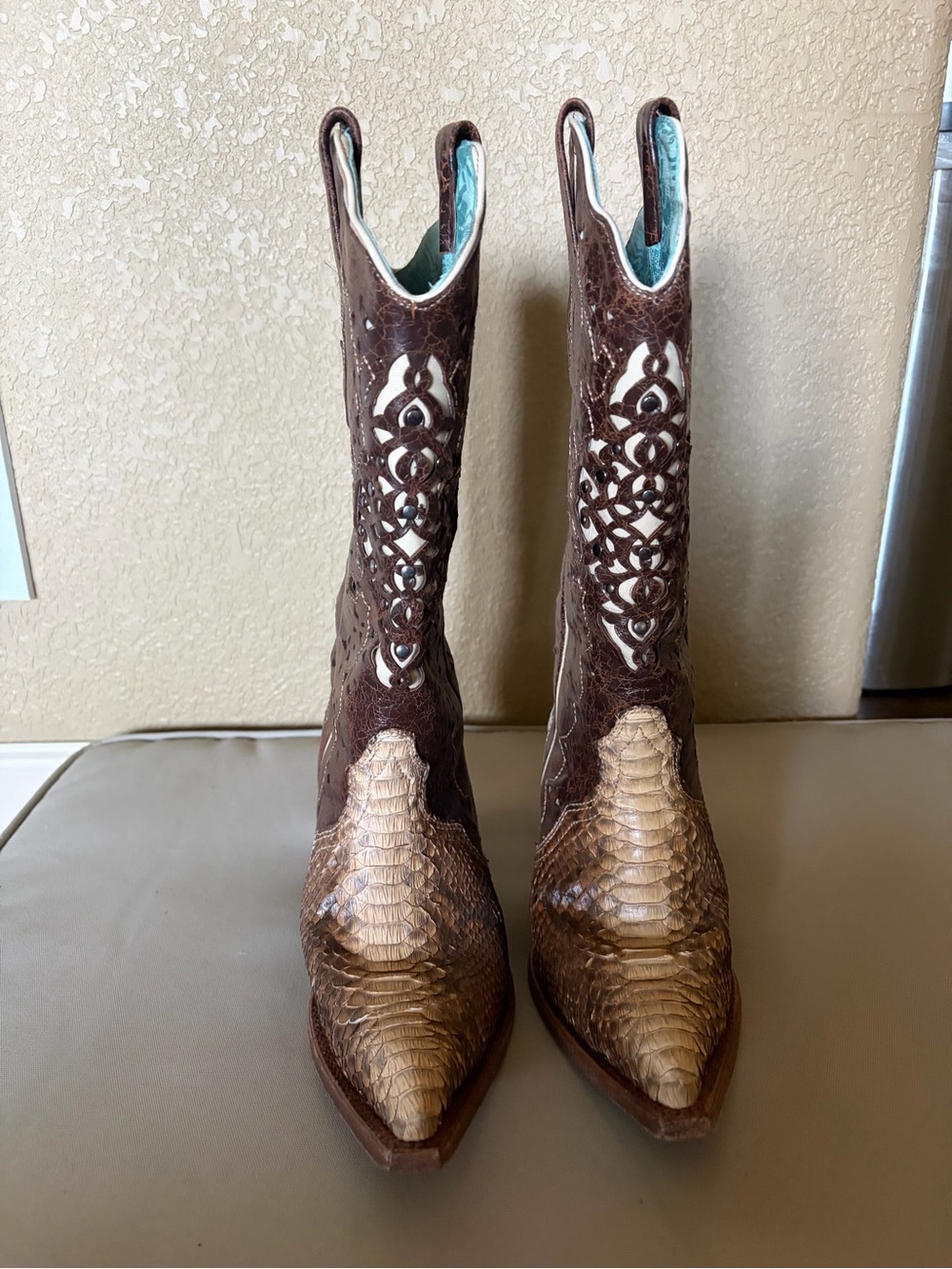 Corral Brown and Cream Snakeskin Western Pointed Toe Boots